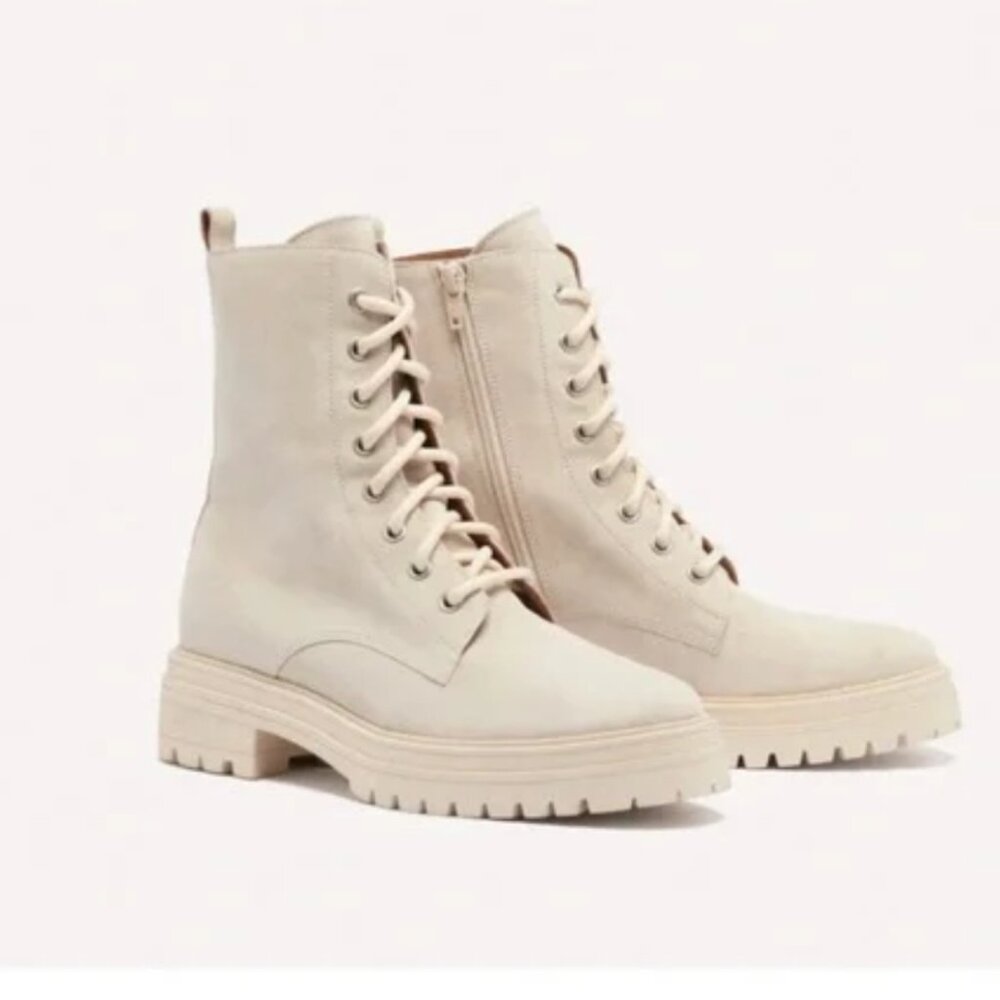 ba&sh Paris White Lace Up ba&sh Comy Combat Calfskin Suede Boots, Off White, 8